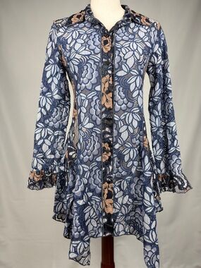 Adore Lace Button Up Tunic Navy Sheer Floral Blouse Small